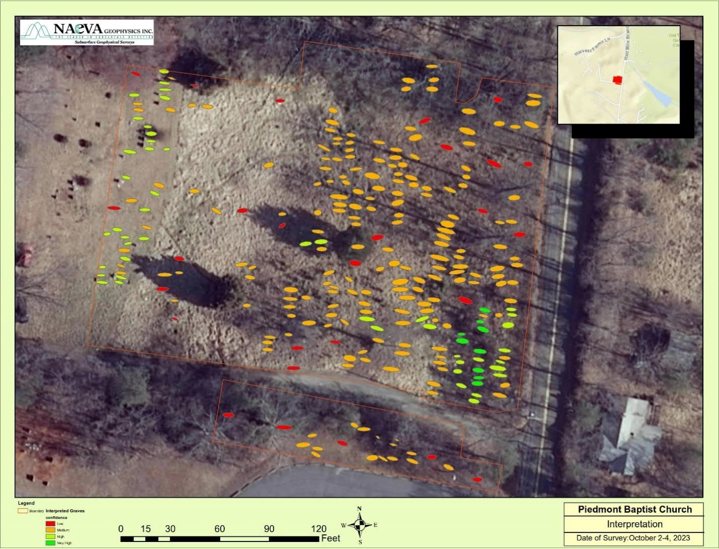 An aerial map showing locations of both marked graves and possible unmarked graves identified through GPR survey of the Piedmont Baptist Church Cemetery in Albemarle County.